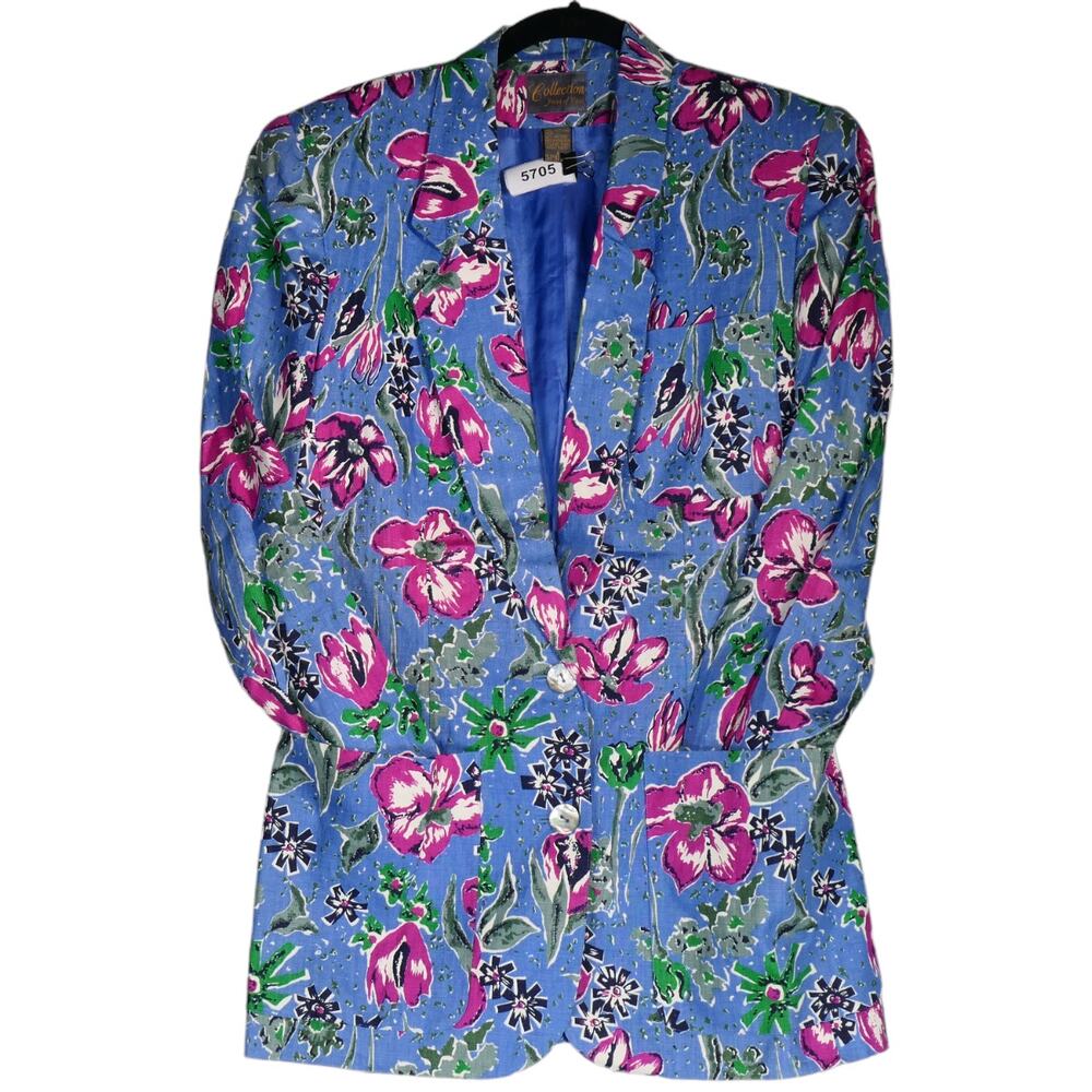 Vintage Blazer Womens Size 2 Blue Floral Linen Pockets Lined Shoulder Pads